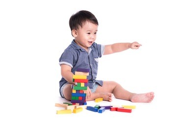 boy child with toy blocks, smart little kid study lesson, education concept