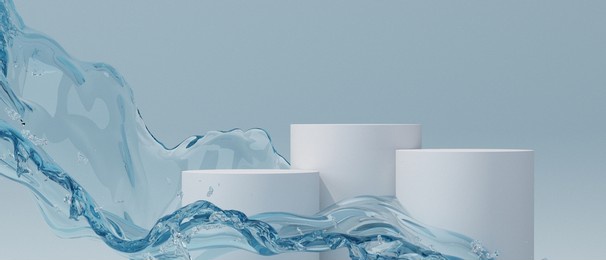 3d cosmetics background refreshing pure white podium and water splash blue background. 3d rendering illustration podium for cosmetics, banner, or product presentation.