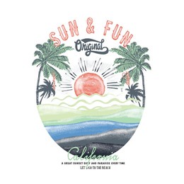 sun and fun original in california beach, summer beach vibes graphic print design for t shirt print, poster, sticker, background and other uses.