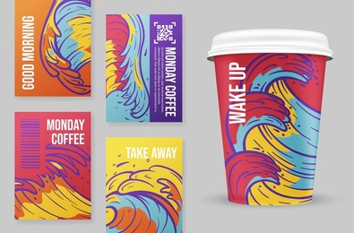 paper coffee cup multicolored cover label realistic template collection vector illustration. recycle hot beverage mug blank set branding identification with place for text. take away caffeine drink