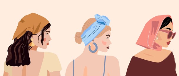 woman is wearing kerchief. bright colours. lipstick. hairstyles with a scarf. different styles of summer hats and headscarves on girls. headband, handkerchief, bandana. stylish women's accessories 