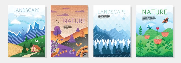 set of posters with nature and landscape. banners with different seasons. autumn leaves, mountains with snowy slopes, spring flowering plants and village fields. cartoon flat vector collection