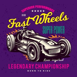 original vector illustration in vintage style. an old vintage racing car on a purple background. t-shirt design, stickers, print.