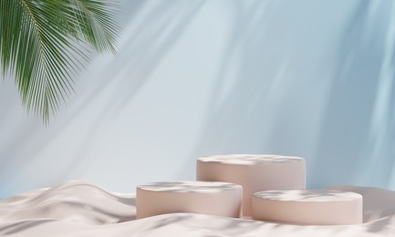 podium on sand background for product presentation. natural beauty pedestal, earth tone colour, relaxation concept, 3d illustration