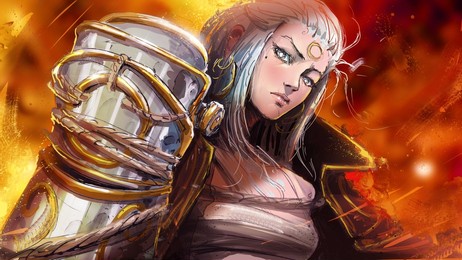 a beautiful tall woman with white hair, looks with a stern look from a high, holding a huge iron fist in a patterned brass knuckles at the ready, she has white magical eyes. 2d rough anime sketch art