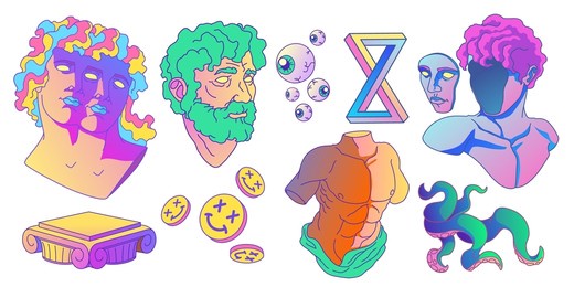 psychedelic stickers with greek sculpture, eyeballs, tentacles and columns. vector cartoon set of acid design badges with roman statues heads and torso isolated on white background