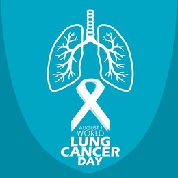 illustration of lungs with ribbon and bold text on blue background, world lung cancer day august 1