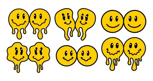 melting smile vintage illustration set. retro psychedelic melt emoji face collection. dripping smile print. good mood. vector groovy positive emoji sticker. 