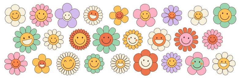 groovy flower cartoon characters. funny happy daisy with eyes and smile. sticker pack in trendy retro trippy style. isolated vector illustration. hippie 60s, 70s style.