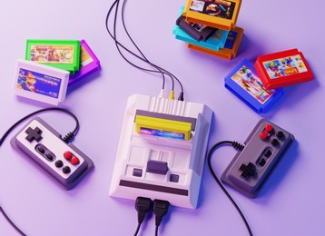 3d illustration. old-fashioned gamepads, game console and floppy disks(cartridges) in pink blue gradient neon light. retro media, 90s entertainment. 3d rendering.