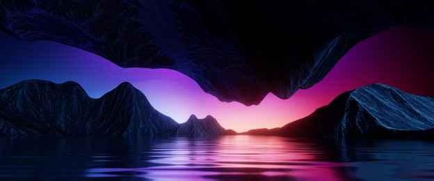 3d render, abstract panoramic background, surreal fantasy landscape with lake water, mountains and pink violet sunset sky. mystical horizontal wallpaper