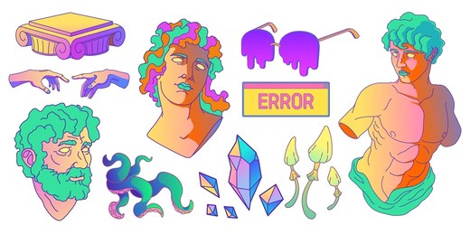 psychedelic stickers with antique greek sculpture, mushrooms and cristals, tentacles and columns. vector cartoon set of acid design badges with roman statues heads and torso isolated on white