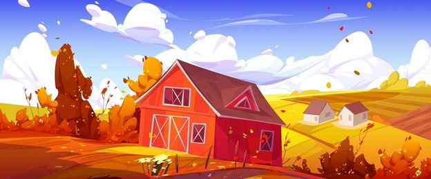 countryside landscape with farm barn, agriculture field and houses in fall. vector cartoon illustration of autumn scene, farmland with granary, road, fence and orange trees and bushes