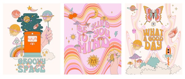 funny groovy space posters, invitation, cards set with 70s retro hippie element and pop art illustration. editable vector illustration