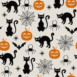 seamless halloween pattern. vector illustration of halloween party. black cat, spider web and pumpkin on a light background. halloween vector seamless pattern.
