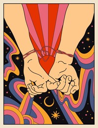 love relationships retro hippie poster or card design with girlfriend and boyfriend holding hands on abstract vintage hippie background. vector illustration