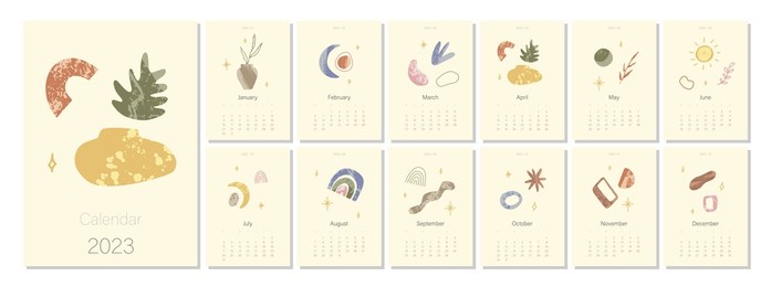 boho calendar template for 2023. various shapes in abstract style modern grunge texture. editable illustration page template a4, a3, set of 12 months with cover. vector. week starts on monday