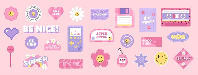 collection of cool cute stickers. trendy patches collection with smile faces. funky, hipster retrowave stickers in geometric shapes. vector illustration of y2k , 90s graphic design badges.