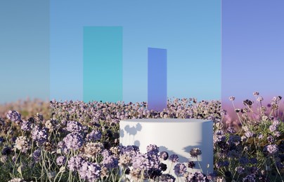 cube podium on natural flower field garden with vertical frosted glass and clear blue sky for cosmetic product presentation 3d rendering illustration