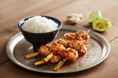 sri racha marinated prank skewers with rice