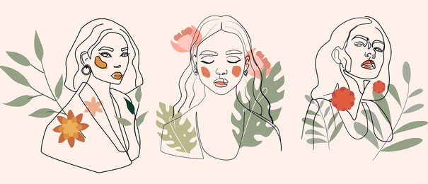 continuous line, a set of vector drawings of a female face, fashion concept, minimalist female beauty with geometric scribble abstract summer floral elements of pastel colors. pattern of leaves 
