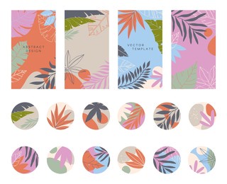 bundle of editable summer story templates and highlights covers.vector layouts with shapes and tropical leaves.abstract backgrounds.trendy design for social media marketing.social media kit
