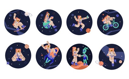 astronaut in outer space, trendy round stickers set, flat vector illustration isolated on white background. man in spacesuit and helmet riding bicycle, skating, reading book and meditating.