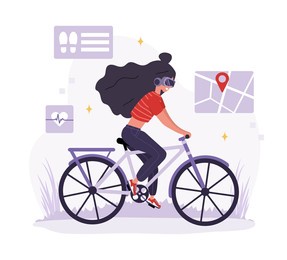 metaverse sport. woman in vr glasses riding bike. workout and fitness. cyberspace or virtual reality concept. modern technology entertainment. vector illustration in flat cartoon style.
