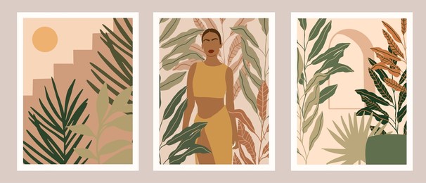 beautiful boho woman in tropical jungle. pastel tropical leaves background. modern minimalist glamour female portrait with nature botanical pattern. vector illustration
