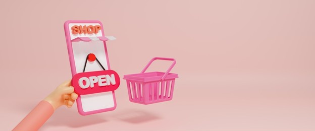 3d hand holding mobile phone with open page of shopping online, business internet shop online concept, smartphone screen with open sign and shopping cart, goods ordering and delivery concept,3d render