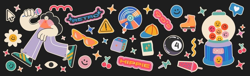 stickers hippie retro elements of psychedelic acid. with emo characters, retro girls. funky vinyl records, rollers, slot machine with prizes, vintage set of hippie groovy style vector elements.