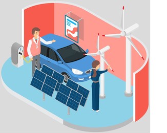 woman consults with seller about buying energy production equipment at exhibition of modern gadgets studies wind turbines power plant. store of modern new technical means electric car, solar panels