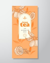 fruit and berries tea label template. abstract vector packaging design layout with realistic shadows. hand drawn kumquat fruit and tea leaves decor silhouettes background. isolated