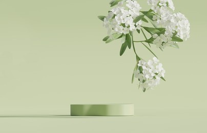 3d display podium pastel green background. white flower with leaf. nature blossom minimal pedestal for beauty, cosmetic product presentation. summer and spring feminine copy space template 3d render