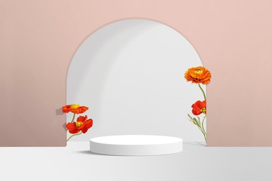 product podium  flowers on a pastel color wall background