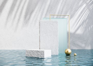 exhibition podium, stand in a pool with clear water for premium product - 3d render. abstract natural,organic background for advertising products, spa body care, relaxation, health.