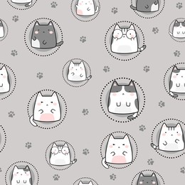 kawaii colourful cute cats seamless pattern. happy meow. animals character design. cute doodle cats. cute cartoon cat design.