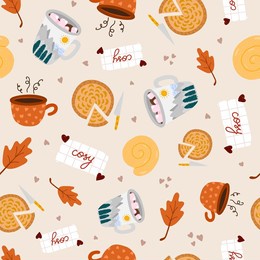 cozy and hygge vector seamless hand drawn pattern with hygge autumn clip arts of seasonal clothes, food and drinks, decor. can be used for, wrapping paper, bedclothes, notebook, packages, gift paper.
