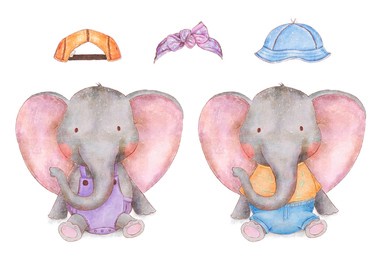 watercolor cartoon character baby elephant and clothes clipart, perfect for baby shower, birthday party invitation, kids nursery wall art