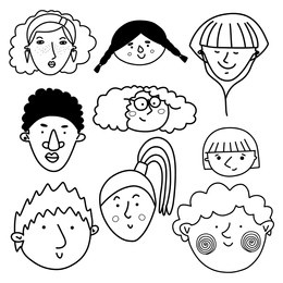 collection of cute and diverse hand drawn faces in black and white. doodle-style people icons for design, stickers, prints
