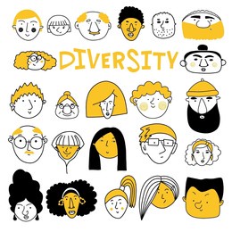 collection of cute and diverse hand drawn faces in black, yellow and white. doodle-style people icons for design, stickers, prints
