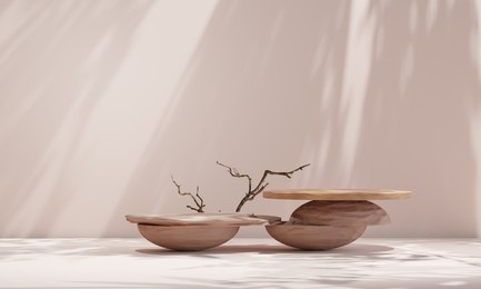 rock podium with rounded wood for product presentation. natural beauty pedestal, relaxation and health, 3d illustration	