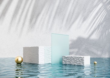 exhibition podium, stand in a pool with clear water for premium product - 3d render. abstract natural,organic background for advertising products, spa body care, relaxation, health.