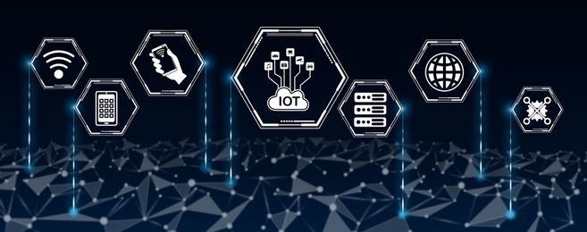 concept of iot with icons in hexagons connected to abstract network