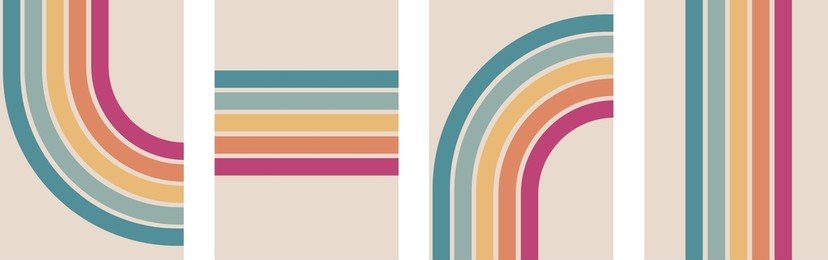 abstract rainbow colours retro groovy lines bold 4 backgrounds bundle set collection. pink orange yellow blue stripes.