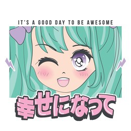 anime girl illustration with japanese slogan. japanese text means "be happy". vector graphic design for t-shirt.