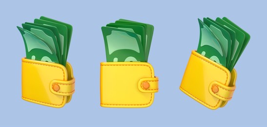 3d cartoon money wallet with green paper dollars. purse with green dollars. business financial investment concept. vector 3d illustration