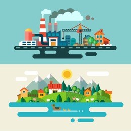 urban and village landscape. ecology, environmental protection: production, factory, plant, pollution, smoke, building. vector flat illustrations