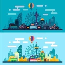 night and day city landscape. skyline with the ferris wheel and skyscrapers. vector flat illustrations