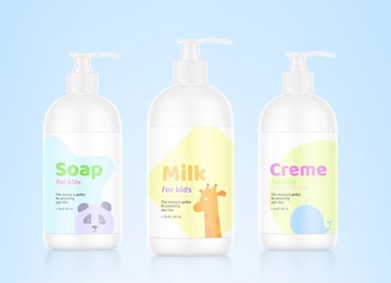 realistic bottles with dispensers and sample label designs. vector illustration. perfect for promote your product. eps10.	